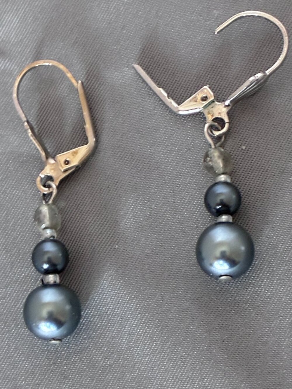Gray Pearl & Crystal Silver Tone Dangle Leverback Earrings